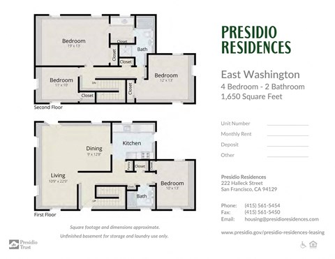 Floor plan for 4 beds, 2 baths, 1650 sqft